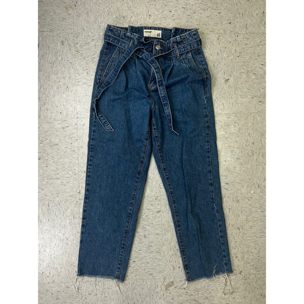 Garage Paperbag Waist Tie Belt Denim Jeans Raw Hem Size 01 Cropped